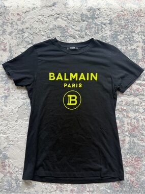 Balmain Black Tee with Neon Yellow Front Lettering